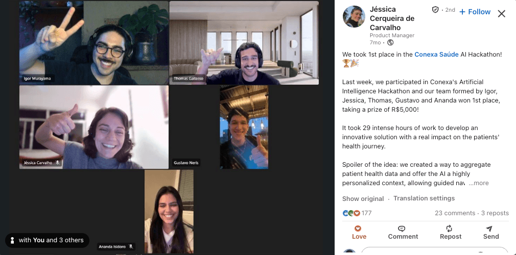 Team that won the 1st Conexa Saúde AI Hackathon: Igor Murayama, Thomas Gallasso, Jéssica Carvalho, Gustavo Neris and Ananda Isidoro on a video call.
